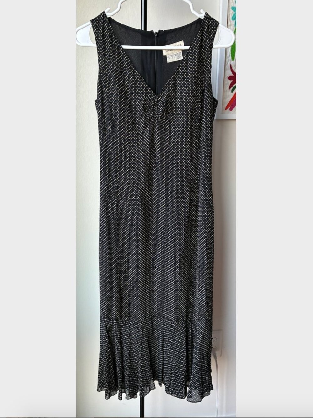 '90s Country Road Black & White Dotted Pattern Midi Dress w/ Ruffled Hem-US 2
